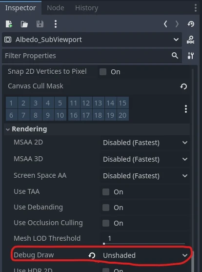 Réglage du paramètre Debug Draw de la Render Target