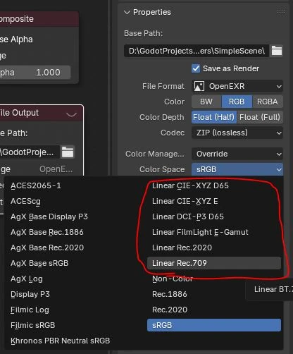 Capture de l'interface de blender montrant tous les espace de couleur disponnibles dont 6 contenant le mot Linear