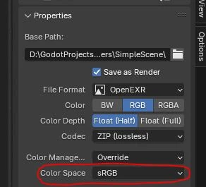 Capture de l'interface de blender montrant le champs Color Space du noeud File Output réglé sur sRGB