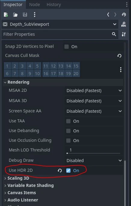 Capture de l'interface de Godot montrant où se trouve la case à cocher Use HDR 2D