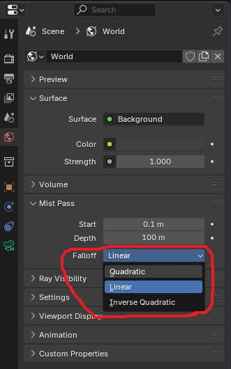 Capture de l'interface Blender montrant les options de Falloff de la Mist : Quadratic, Linear et Inverse Quadratic