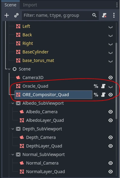 Capture du dock scene de Godot dans lequel le post-process quad de l'oracle est masqué tandis que celui du ore_compositor est actif