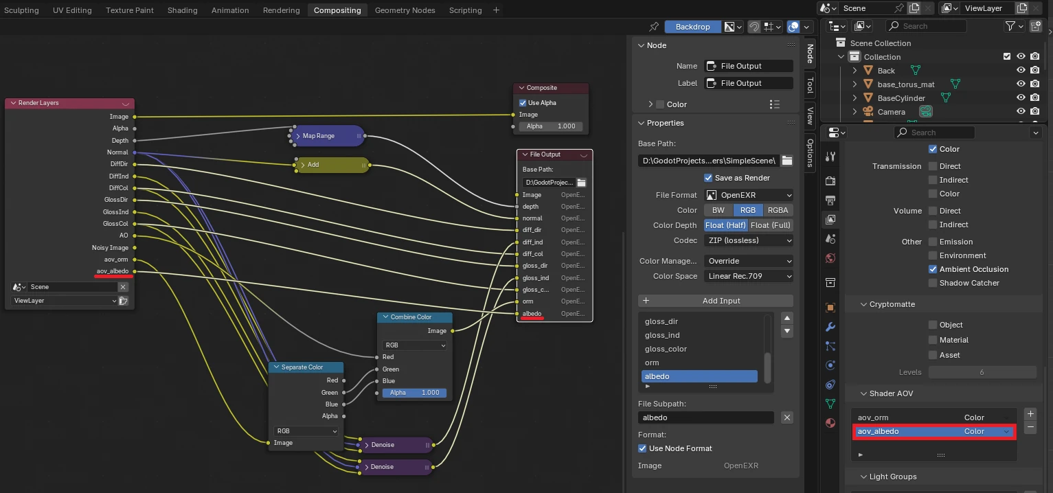 Screen du compositor de Blender montrant la nouvelle custom pass aov_albedo