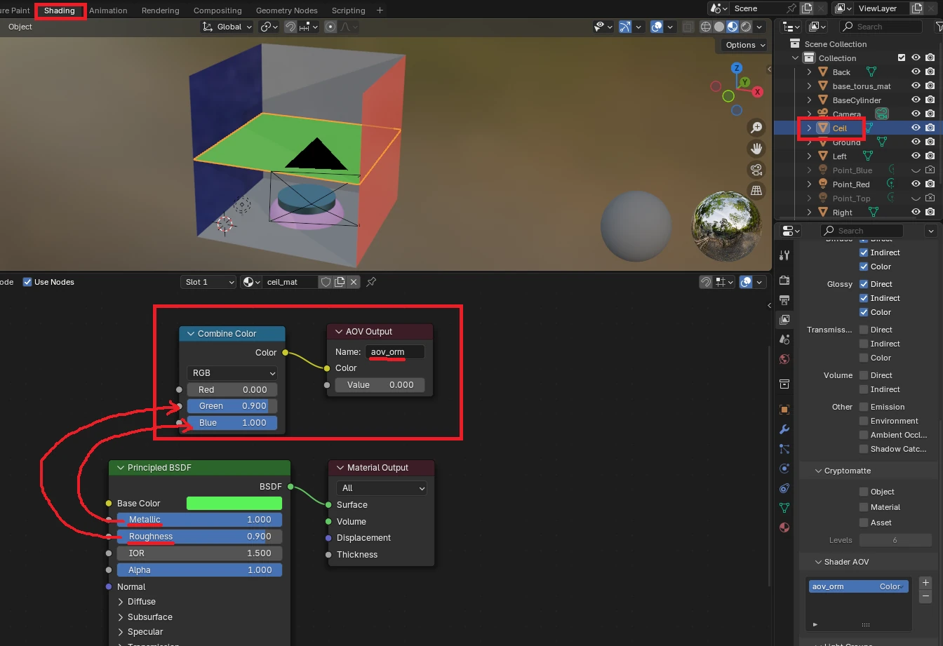 Screen du compositeur montrant l’AOV qui apparait dans le noeud Render Layer que l’on a pluggé dans notre nouvelle sortie orm