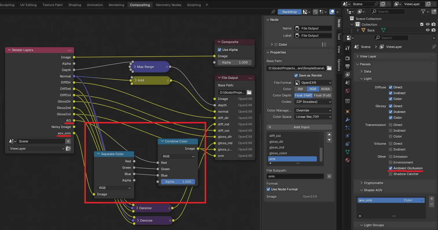 Screen du compositor Blender montrant comment on integre la pass d’AO à notre sortie ORM