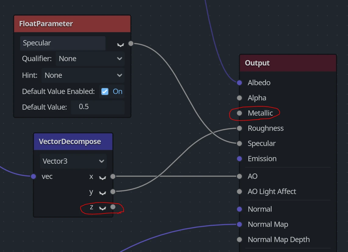 Fils débranché de l’output metallic dans le visual shader du matériau custom
