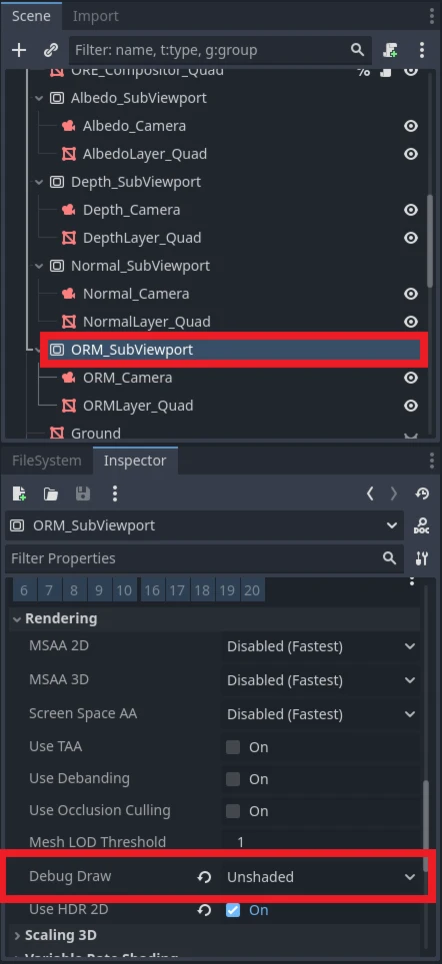 Capture de Godot montrant le reglage du subviewport ORM
